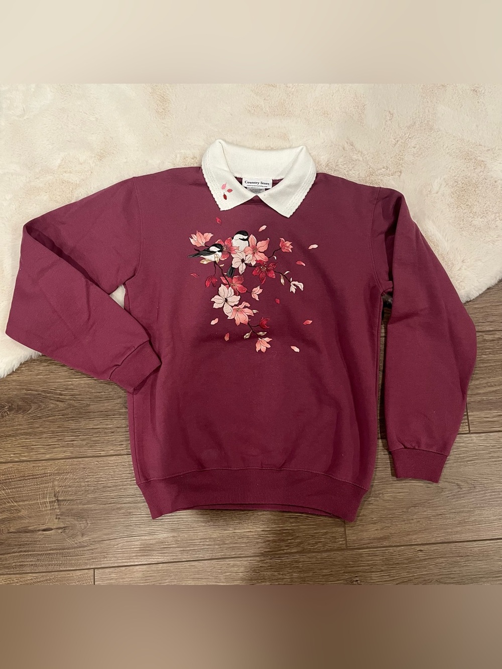 Vintage Collared Sweatshirt Birds Floral Size S